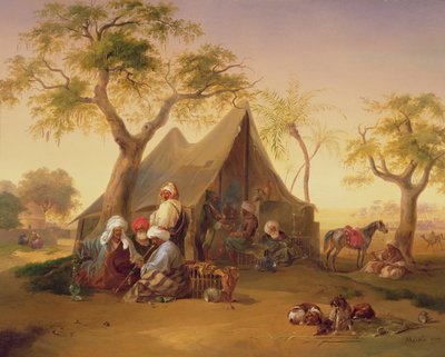 Sheiker drikker kaffe foran et telt, 1842 af Joseph Heicke