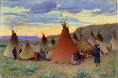 Aften i Crow-reservatet, Montana (olie på lærred) af Joseph Henry Sharp