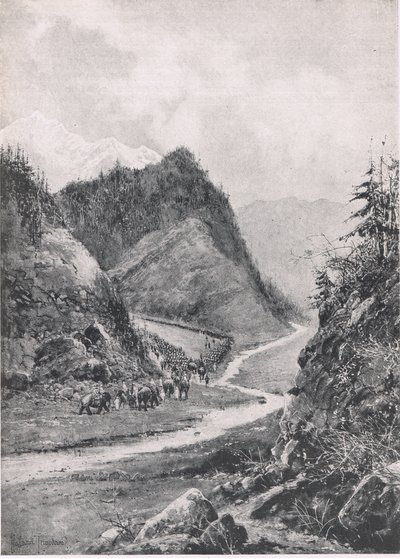 Afghanistan: Illustration fra British Battles on Land and Sea , 1915: Kabul-kolonnens march til Khandahar, august 1880 af Joseph Holland Tringham