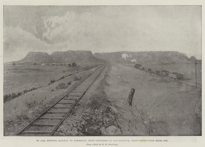 De Aar, med jernbanen til Kimberley, med Tafelberg i afstanden, ca. 35 km væk af Joseph Holland Tringham