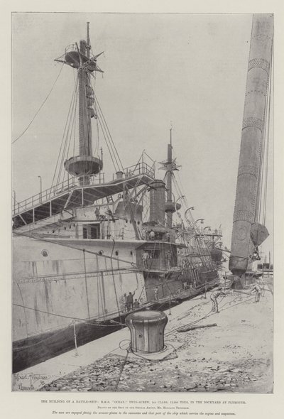 Bygningen af et slagskib, HMS Ocean, Twin-Screw, 1. klasse, 12.950 tons, i værftet i Plymouth af Joseph Holland Tringham