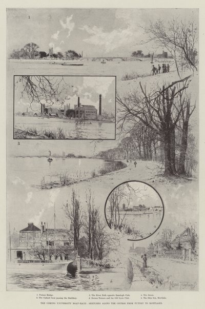 The Coming University Boat-Race, skitser langs banen fra Putney til Mortlake af Joseph Holland Tringham