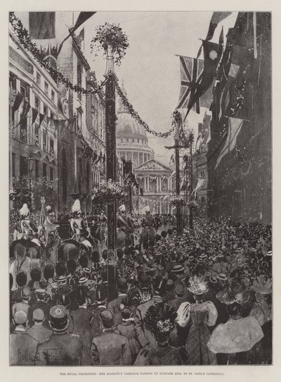 Den kongelige procession, hendes majestæts vogn, der passerer op ad Ludgate Hill til St. Paul