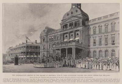 Thanksgiving-gudstjeneste på pladsen i Pretoria den 8. juni, hvor Lord Kitchener råbte "Tre skåltaler for kongen". af Joseph Holland Tringham