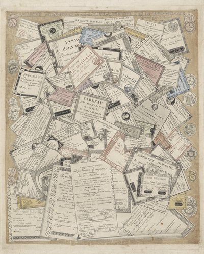 Frans papiergeld Mønter og andre papirer fra Den Franske Republik (titel på objektet) af Joseph Hunin