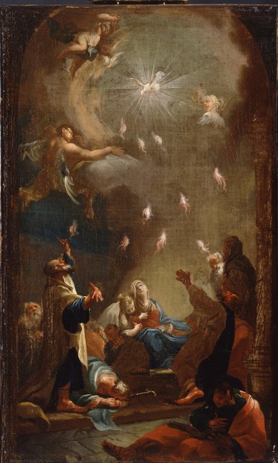Helligåndens nedstigning (pinse), Olie på lærred af Joseph Ignaz Mildorfer (1719-1775), ca. 1750 - (Helligåndens nedstigning (pinse), Olie på lærred af J.I.Mildorfer, ca. 1750) - Magyar Nemzeti Galeria (Ungarn) af Joseph Ignaz Mildorfer