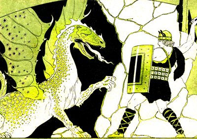 Siegfried kæmper mod dragen. Legenden om Nibelungen. Illustration af Joseph Kuhn Regnier (Kuhn-Regnier) (1873-1940) til "Epopees et legendes d