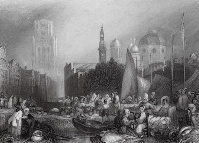 Fiskemarked, Rotterdam (kobberstik) af Joseph Mallord William (after) Turner