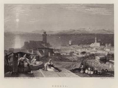 Rhodes (farve litho) af Joseph Mallord William (after) Turner