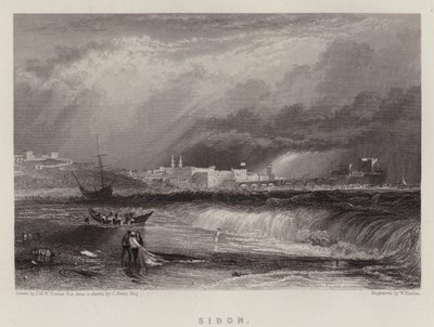 Sidon (farve litho) af Joseph Mallord William (after) Turner