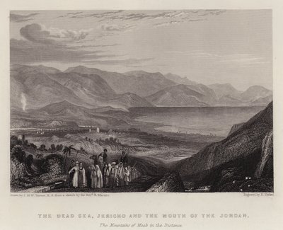 Det Døde Hav, Jeriko og Jordans Mund, Moabs Bjerge i det Fjerne (farve litho) af Joseph Mallord William (after) Turner