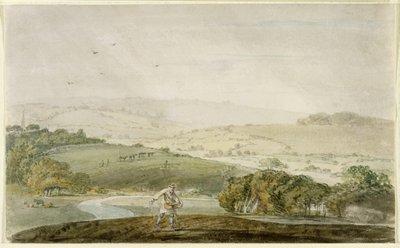 En bonde såning, med en floddal og rullende bakker hinsides, ca. 1795 af Joseph Mallord William Turner