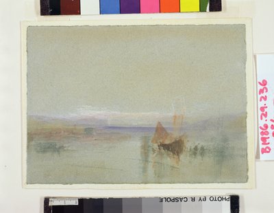 Fiskerbåde blev beroliget ud for Le Havre (wc og kropsfarve på blåt papir) af Joseph Mallord William Turner