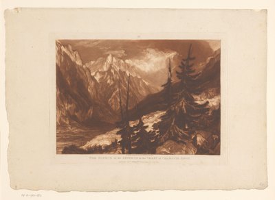 Udsigt over Chamonix-dalen med floden Arveyron Kilden til Arveron i Chamouni Savoy-dalen (titel på objektet) Landskabsstudier (serietitel) Liber Studiorum (serietitel) af Joseph Mallord William Turner