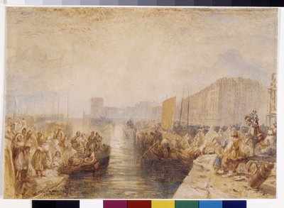 Le Havre: Solnedgang (akvarel forstærket med pen og rødt blæk på hvidt papir) af Joseph Mallord William Turner