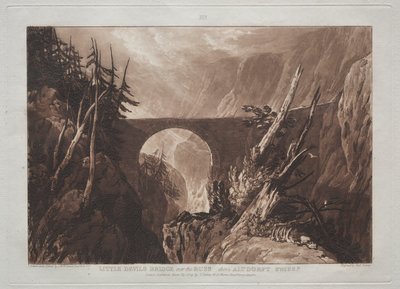 Liber Studiorum: Little Devils Bridge over Russ, over Altdorft, Schweiz. af Joseph Mallord William Turner