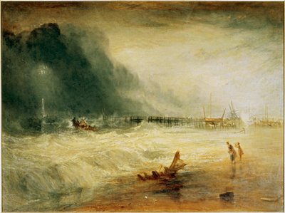 Redningsbåd og mandskabsapparat på vej til hjælp for et strandet skib, der sender nødsignal ... (maleri på lærred) af Joseph Mallord William Turner