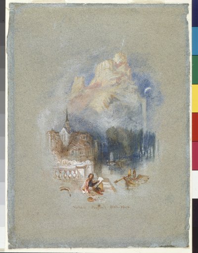 Nicholas Poussins fødested (akvarel og gouache forstærket med rødt blæk på blåt papir) af Joseph Mallord William Turner