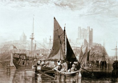 Themsens pram med hø, et fængselsskrog og andre varer ved Rochester på Medway-floden af Joseph Mallord William Turner