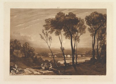 The Bridge in Middle Distance Liber Studiorum, del III, tavle 13, 10. juni 1808. af Joseph Mallord William Turner