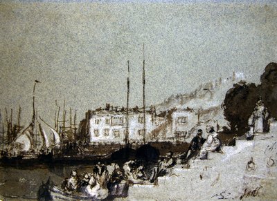 Udsigt over East Cowes, Isle of Wight (pen & blæk og kropsfarve på blåt papir) af Joseph Mallord William Turner
