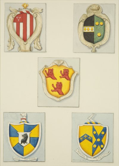Fem våbenskjolde fra monumenter i Temple Church (akvarel på papir) af Joseph Manning