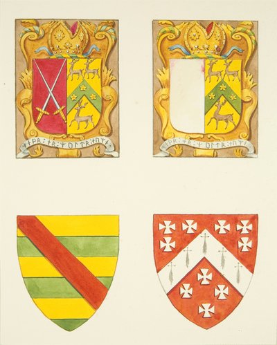 Fire våbenskjolde - to i et vindue nær klokketårnet, Bristol Cathedral (akvarel på papir) af Joseph Manning