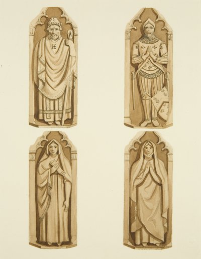 Fire figurer, der dekorerer dørene lavet af Clarke, på hver side af alteret i St Mark