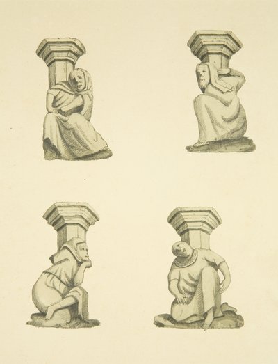 Fire spær på tårnet (oprindeligt understøttende statuer) af St Mary Redcliffe (akvarel på papir) af Joseph Manning