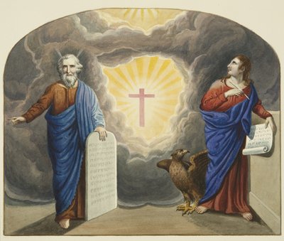 Malet vindue over Christ Church alter, viser Moses og Johannes Evangelisten (akvarel på papir) af Joseph Manning