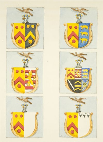 Seks våbenskjolde i farvede glasvinduer i nord- og sydgange (den østlige ende) af Bristol Cathedral (akvarel på papir) af Joseph Manning