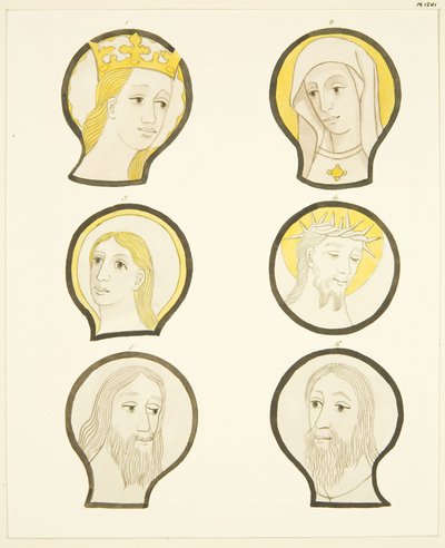 Seks hoveder i farvede glasvinduer syd for koret i Bristol Cathedral (akvarel på papir) af Joseph Manning