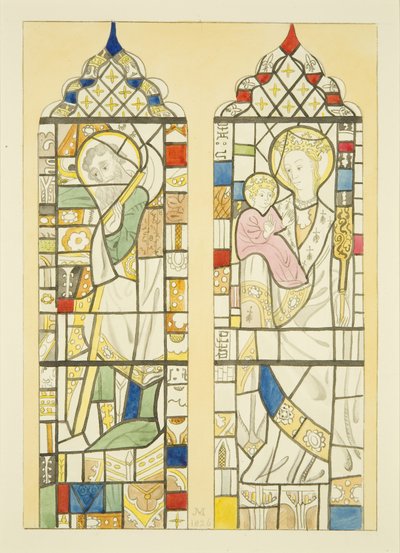 Farvet glas i vinduet over skrifttypen af St Mary Redcliffe (akvarel på papir) af Joseph Manning