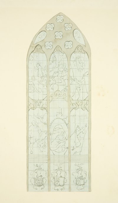 Glasmosaikvindue i den østlige ende af den nordlige sidegang af Bristol Cathedral (blyant og akvarel på papir) af Joseph Manning