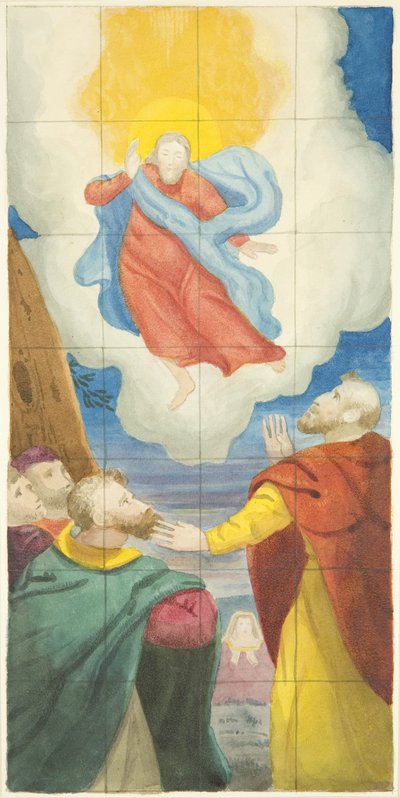 Glasmosaikvindue i den østlige ende af den nordlige sidegang af Bristol Cathedral, der viser Ascension (akvarel på papir) af Joseph Manning