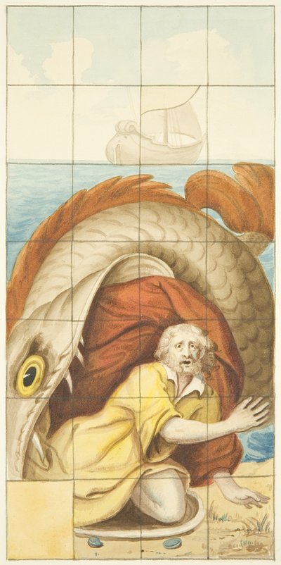 Glasmosaikvindue i den østlige ende af den nordlige sidegang af Bristol Cathedral, der viser Jonah and the Whale (akvarel på papir) af Joseph Manning