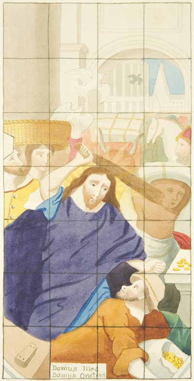 Glasmosaikvindue i den østlige ende af Bristol Cathedrals sydgang, der viser købere og sælgere i templet (akvarel på papir) af Joseph Manning