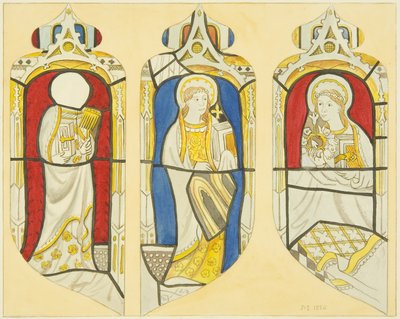 Tre figurer i østvinduets nordlige tværarm af St Mary Redcliffe (akvarel på papir) af Joseph Manning