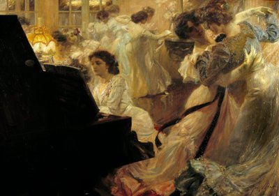 Belle epoque: "White Ball" Aften for unge kvinder klædt i hvidt dans og klaver af Joseph Marius Avy (1871-1939) 1903 af Joseph Marius Avy