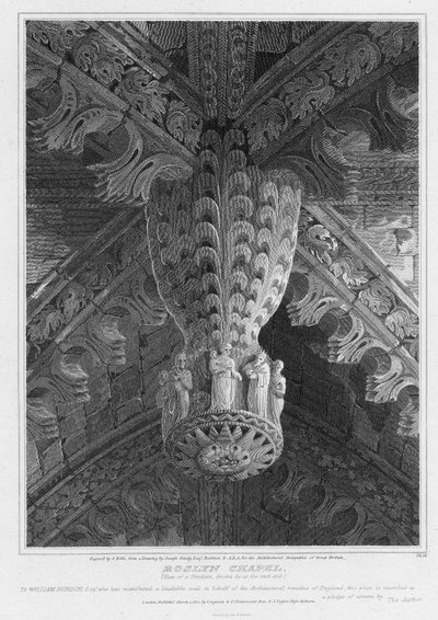 Roslyn Chapel, udsigt til en pendel og bajer i den østlige ende, graveret af S. Noble, 1810 af Joseph Michael Gandy