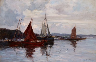 Fiskerbåde i havnen (olie på lærred) af Joseph Milne