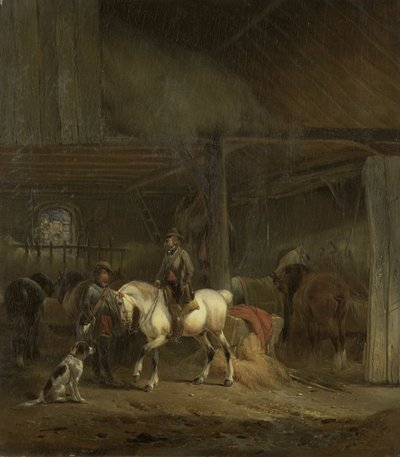 Hestestald, ca. 1830-1840 (olie på panel) af Joseph Moerenhout
