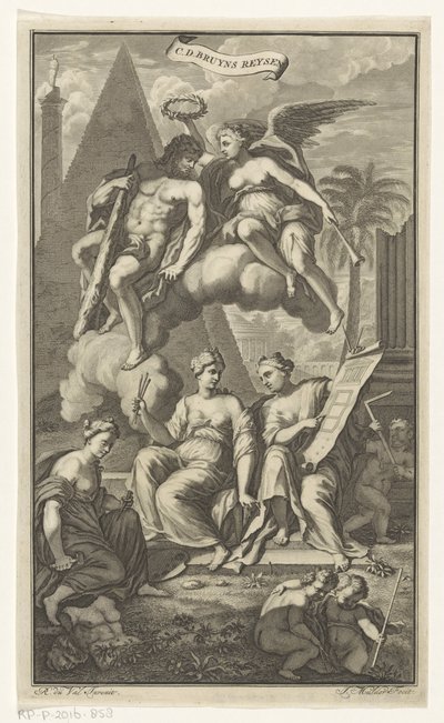 Hercules kronet af Victoria CD. Bruyns Reysen (titel på objekt) Titelside for: Cornelis de Bruyn, Reizen, 1698 af Joseph Mulder