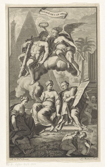 Hercules kronet af Victoria Voyage de C. le brun (titel på objekt) Titelside for: Cornelis de Bruyn, Voyage au Levant, 1700 af Joseph Mulder