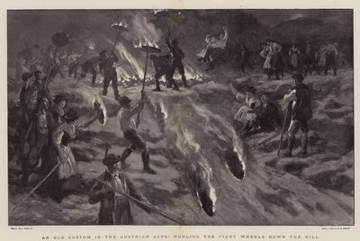 En gammel skik i de østrigske alper, der kaster de flammende hjul ned ad bakken af Joseph Nash