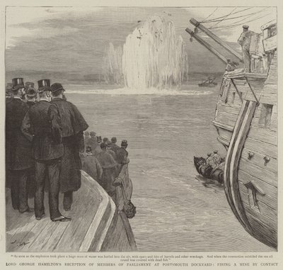 Lord George Hamiltons modtagelse af parlamentsmedlemmer på Portsmouth Dockyard, hvor han affyrede en mine ved kontakt af Joseph Nash