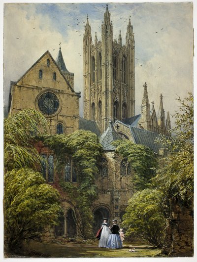 Professor, kvinde, barn og hund i Cathedral Close af Joseph Nash