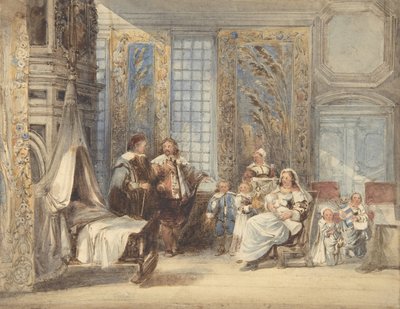 Scene med familie og gæst i det syttende århundredes interiør, 1825-78. af Joseph Nash.