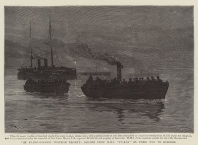 Den fransk-siamesiske grænsestrid, sømænd fra HMS Pallas på vej til Bangkok af Joseph Nash