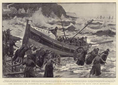 Heltinderne fra Runswick Bay, kvinder, der søsætter redningsbåden for at redde deres mænd af Joseph Nash